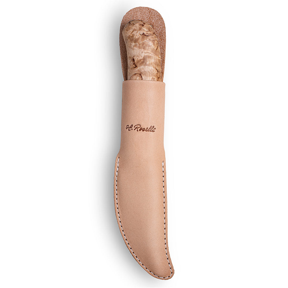Handmade Finnish knife from Roselli in model "carpenter knife" with a handle made out of curly birch and comes with a light tanned leather sheath