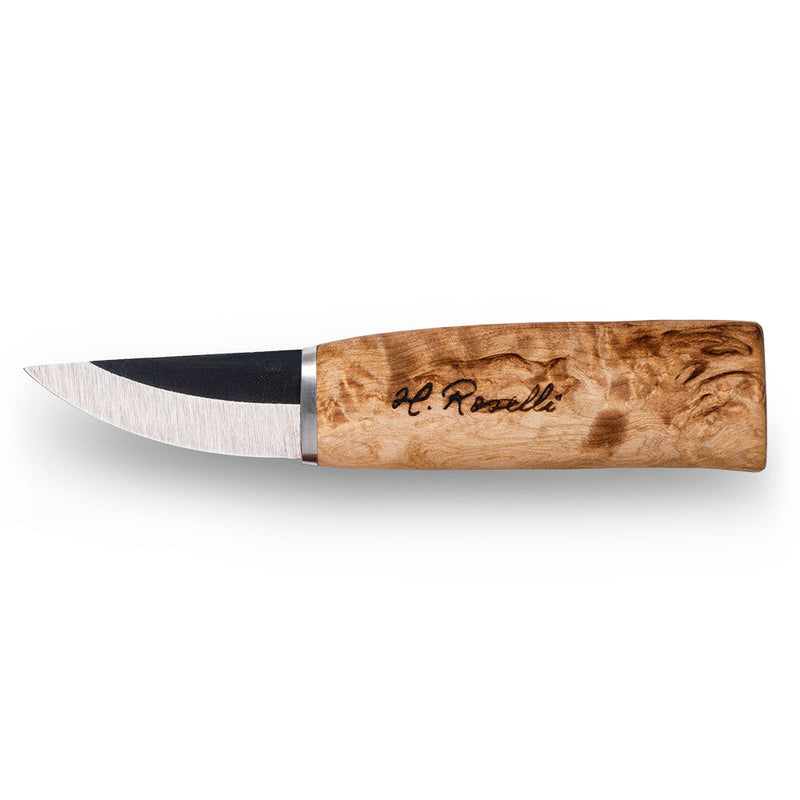 Handmade finnish knife from Roselli in model "grandmother knife" with steel of carbon steel and handle made out of curly birch