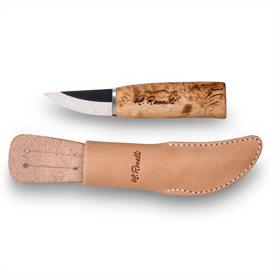 Handmade finnish knife from Roselli in model "grandmother knife" with steel of carbon steel and handle made out of curly birch