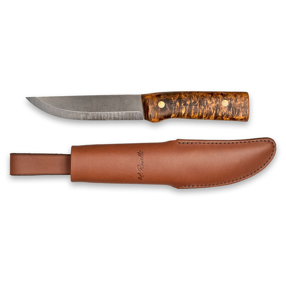 Roselli Hunting Knife Long, Full Tang with premium carbon steel blade, curly birch handle, and handcrafted Finnish leather sheath. 