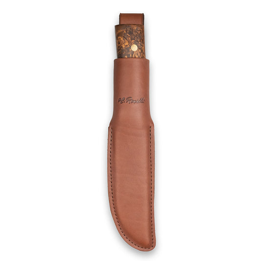 Roselli Hunting Knife Long, Full Tang with premium carbon steel blade, dark curly birch handle and handcrafted Finnish leather sheath.