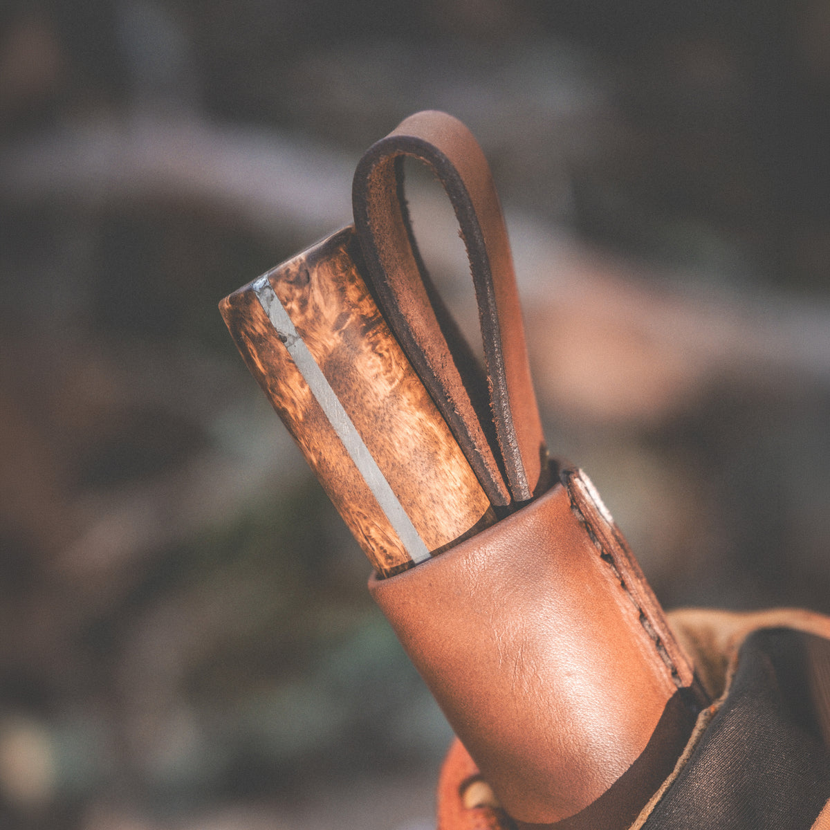 A close-up of a Roselli leather sheath holding a knife with a curly birch handle, set against a blurred outdoor background.