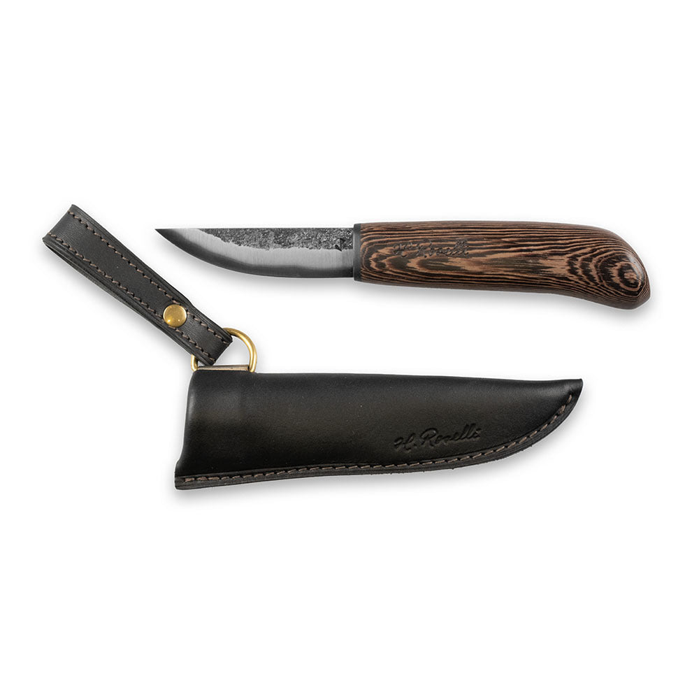 Roselli's limited edition knife "Carpenter knife black edition". Made from exclusive laminated carbon steel, wenge wood handle with carbon fiber ferrule. Comes with a handmade leather sheath in black. 