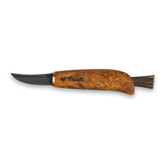 Finnish handmade mushroom knife made from carbon steel and curly birch. Comes with a handmade leather sheath and a mushroom brush made from arenga fiber
