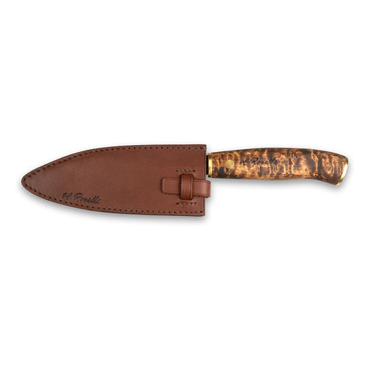 Roselli's handcrafted Santoku kitchen knife in high-carbon steel (UHC steel) with a stained curly birch handle. Delivered with a handmade leather sheath.