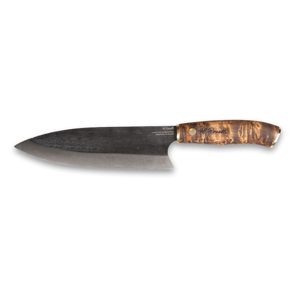 Roselli's handcrafted Gyuto kitchen knife in high-carbon steel (UHC steel) with a stained curly birch handle. Delivered with a handmade leather sheath.