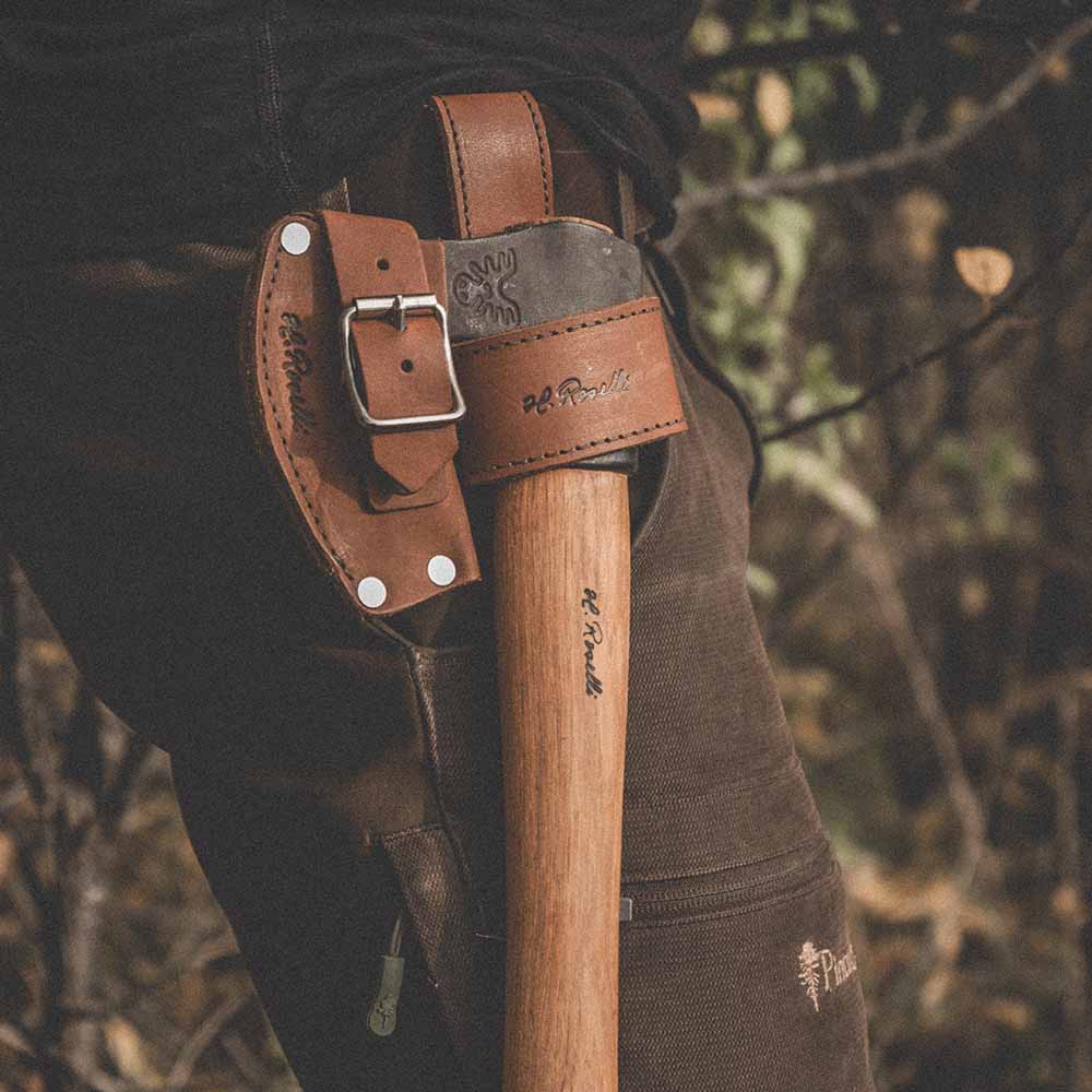 Roselli's Finnish handmade axe holster made out of our dark vegetable leather.